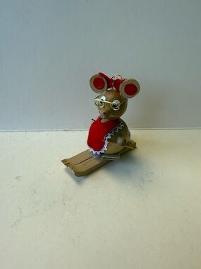 Vintage Handcrafted Wooden Country Christmas Mouse Skiing in Red Outfit Ornament